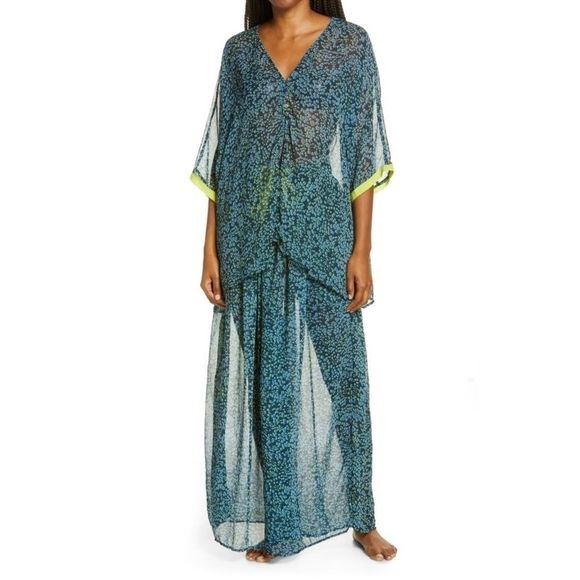 Free People Sleepin In Sheer Shirt & Pant Lounge PJ Set Leopard Print Blue sz xz